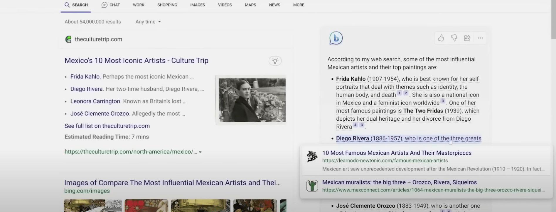Example of Frida Kahlo search results using Microsoft AI-Powered Bing